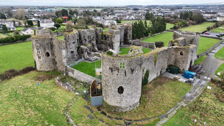 Aerial view of Roscommon Castle beside Loughnaneane Park, Roscommon town