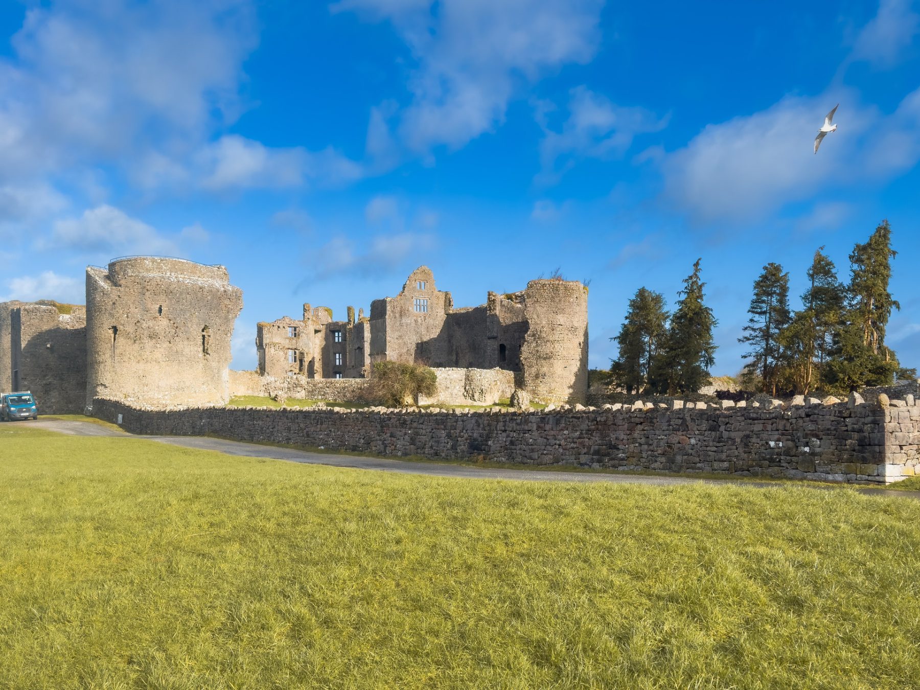 Roscommon Castle ruins seen across the park